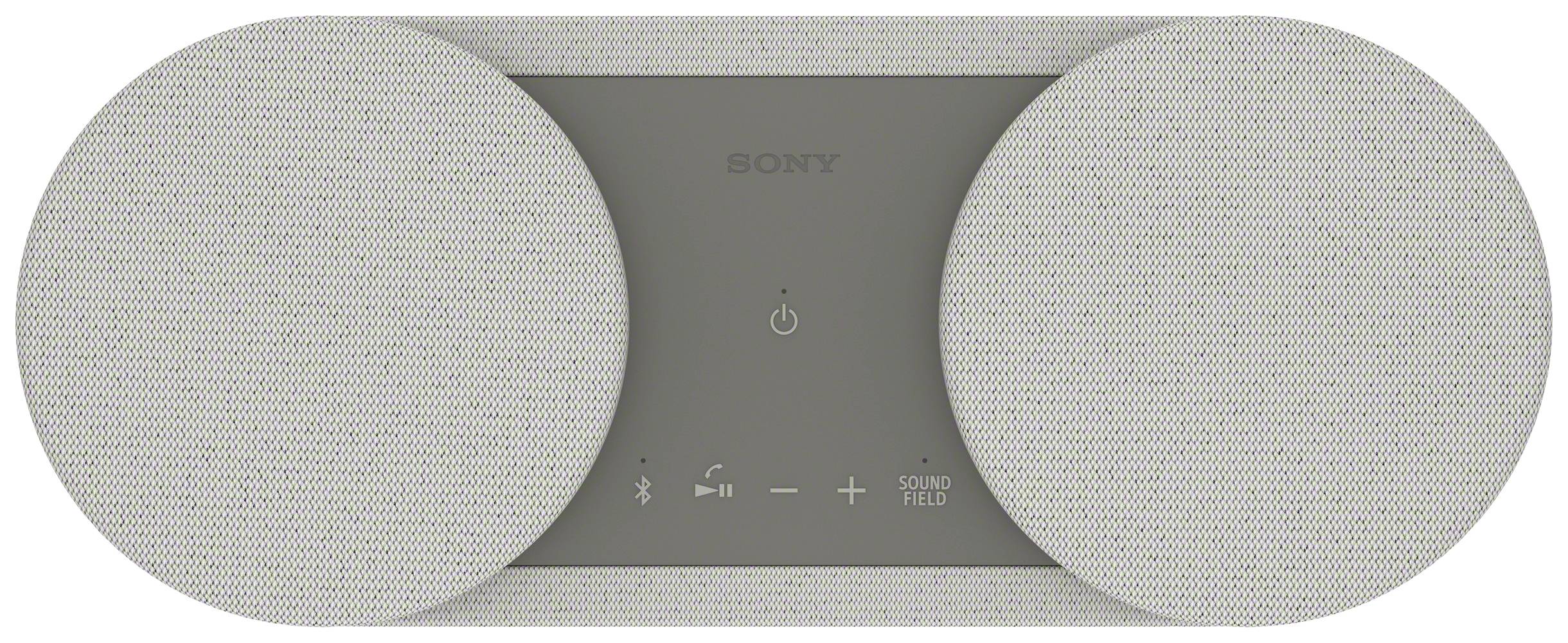 Ein modernes, weißes Lautsprechersystem mit zwei runden Lautsprechern. In der Mitte befinden sich Bedienelemente und ein Ein/Aus-Symbol.