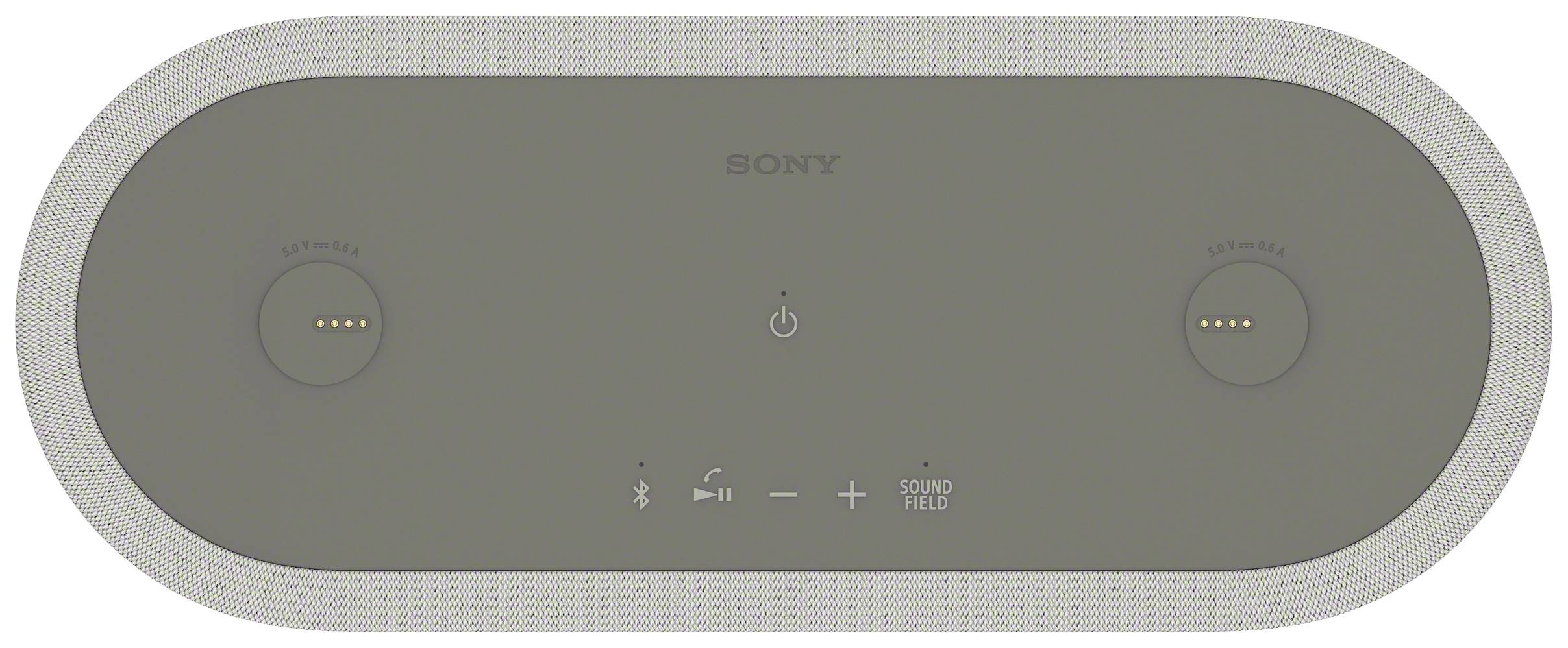 Die Abbildung zeigt die Oberseite eines Sony Lautsprechers mit Ein-/Aus-Schalter, Bluetooth-Symbolen sowie Lautstärke- und Klangfeldtasten.