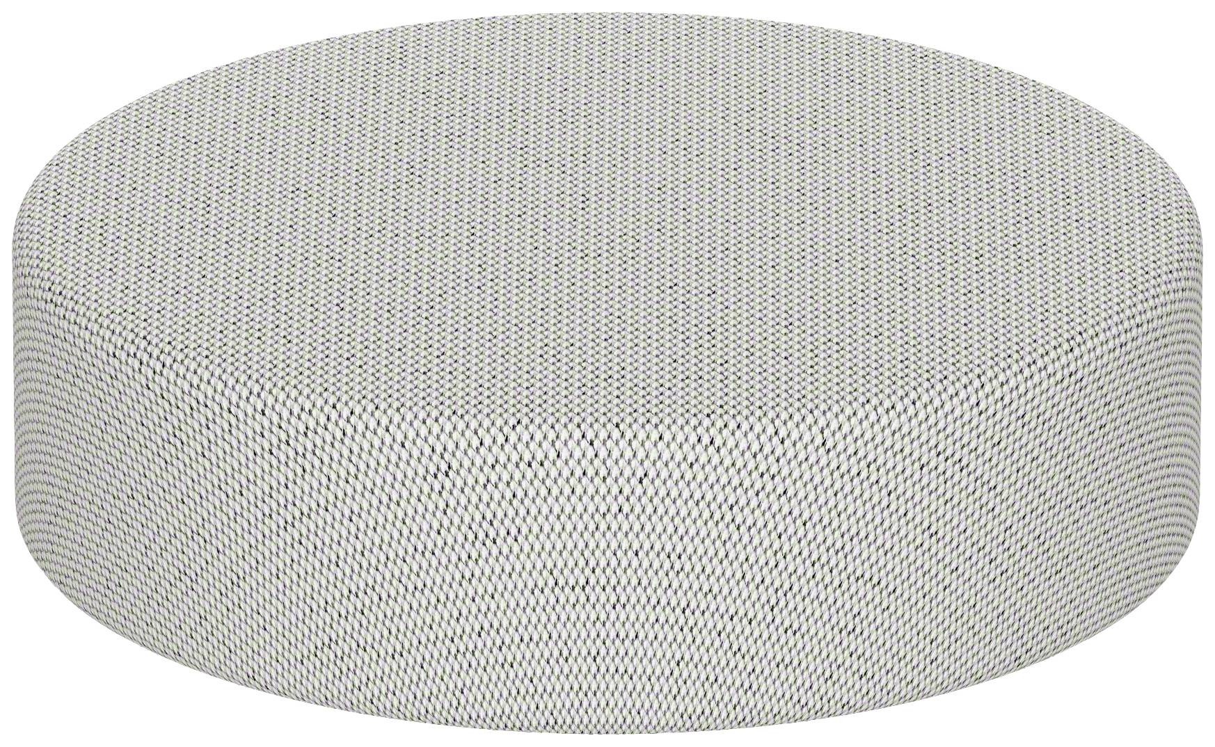 Runder, grauer Stoffhocker mit feiner Musterung.