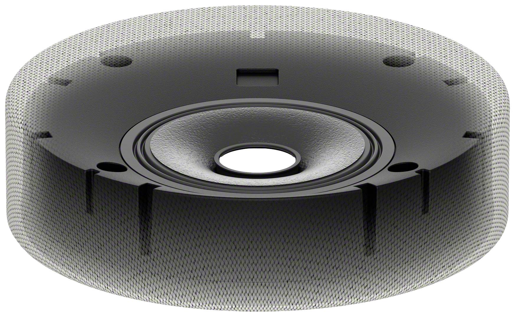 Ein schwarz-grauer, kreisförmiger Lautsprecher ist zu sehen, der einen zylindrischen Resonanzkörper besitzt.