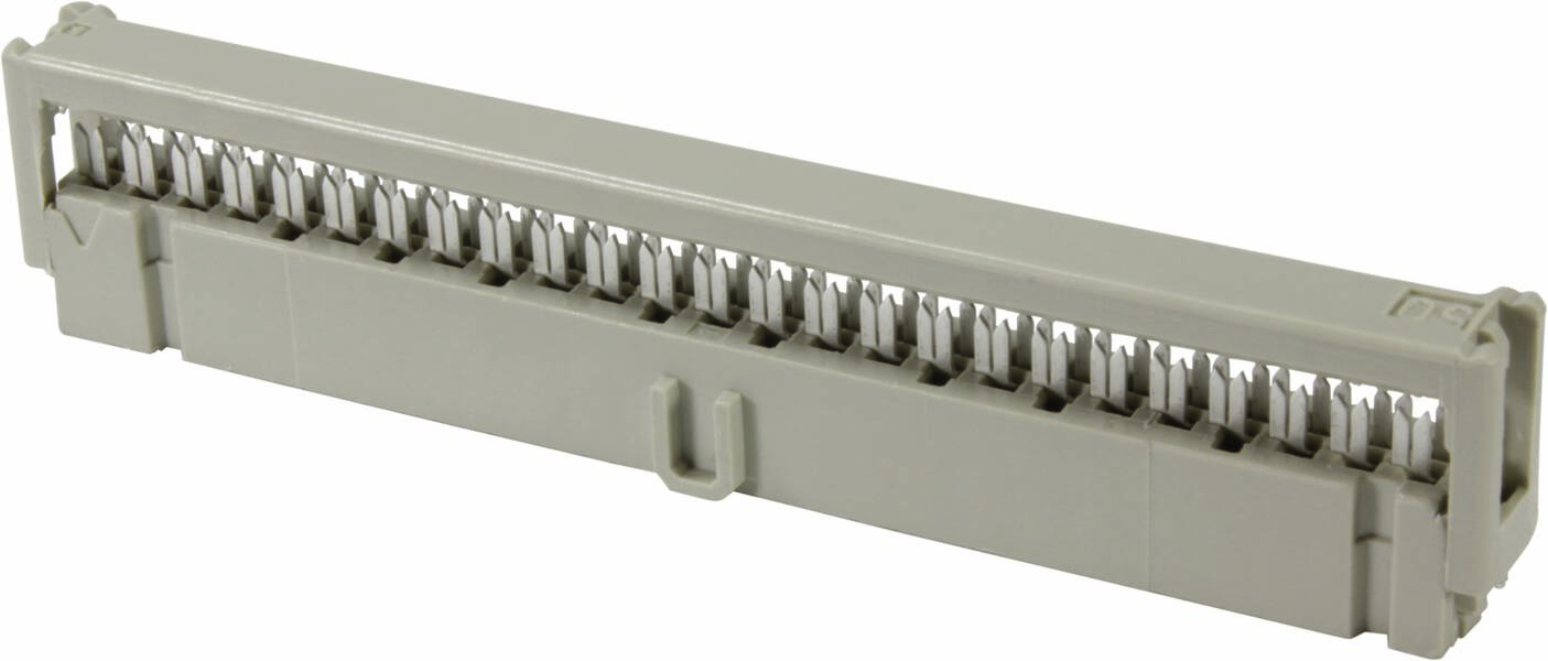 Grau-weißer elektrischer Steckverbinder mit mehreren Pins für die Montage auf Leiterplatten.