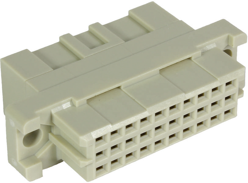 Ein rechteckiger, beige Kunststoffstecker mit mehreren Steckplätzen, der für elektrische Verbindungen verwendet wird.