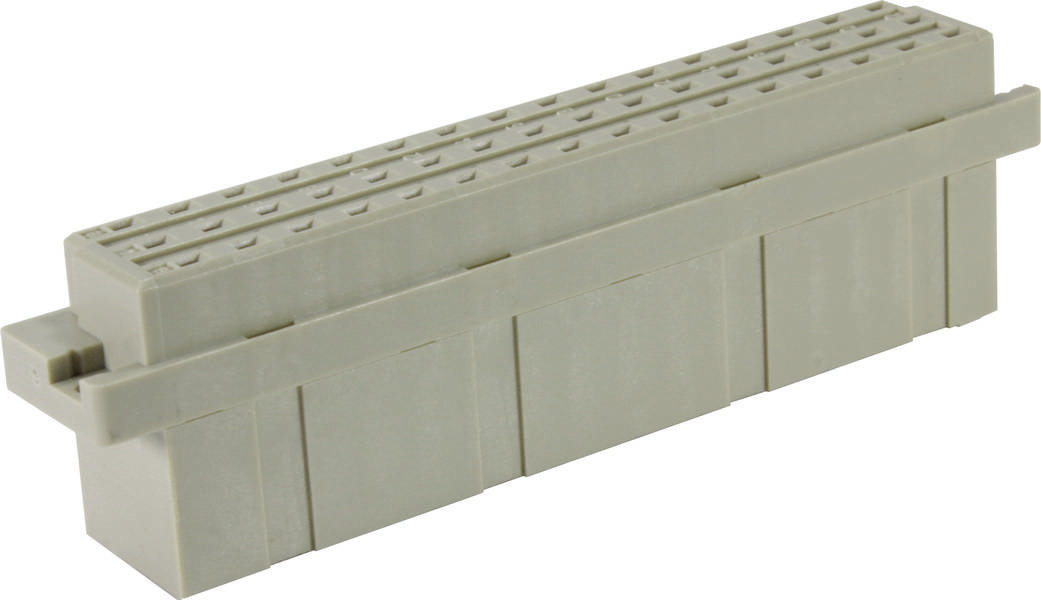 Ein grauer, rechteckiger elektrischer Stecker mit mehreren Anschlüssen und einer gerippten Oberseite.