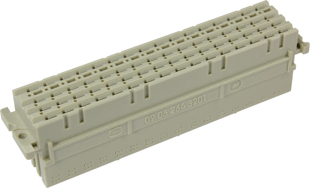 Elektrischer Steckverbinder in rechteckiger Form mit vielen Kontakten, geeignet für industrielle Anwendungen. Modellnummer sichtbar.