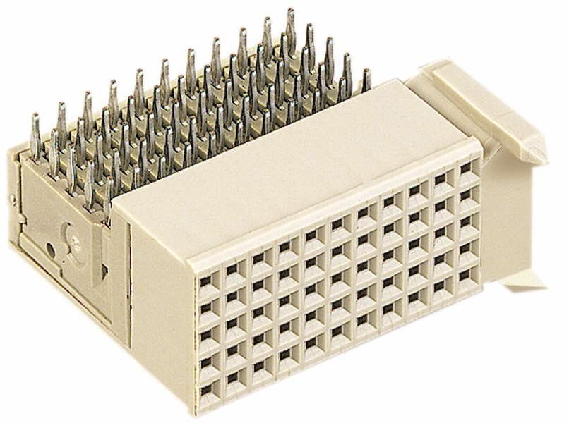 Ein rechteckiger, steckerförmiger elektronischer Verbinder mit vielen Metallstiften und einem Kunststoffgehäuse.
