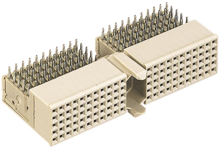 Ein rechteckiger elektrischer Steckverbinder mit mehreren Stiftreihen. Beige Außenhülle, Pins auf beiden Seiten sichtbar.