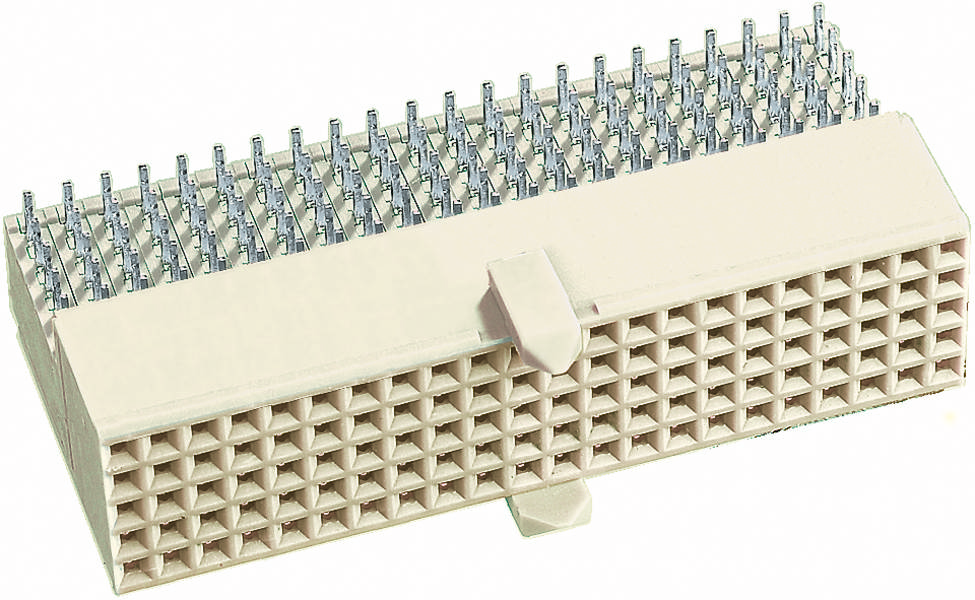 Ein weißer, rechteckiger elektrischer Steckverbinder mit zahlreichen Metallkontakten, die in mehreren Reihen angeordnet sind.