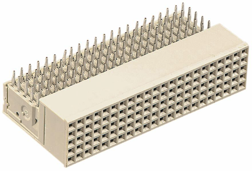 Ein rechteckiger, grauer Steckverbinder mit vielen Metallstiften, verwendet für elektronische Verbindungen und Signalübertragung.