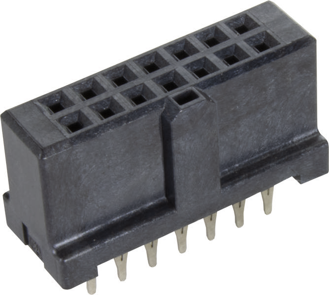 Ein schwarzer Steckverbinder mit mehreren Steckerpins. Er hat eine rechteckige Form und wird häufig in elektronischen Geräten verwendet.