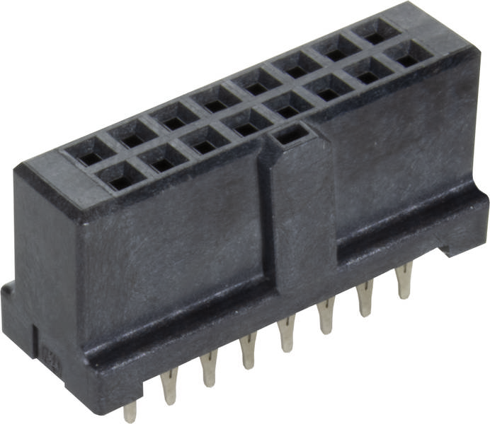 Schwarzer, rechteckiger Steckverbinder mit einer doppelten Reihe von Stiftlöchern und Metallstiften an der Unterseite für die elektrische Verbindung.