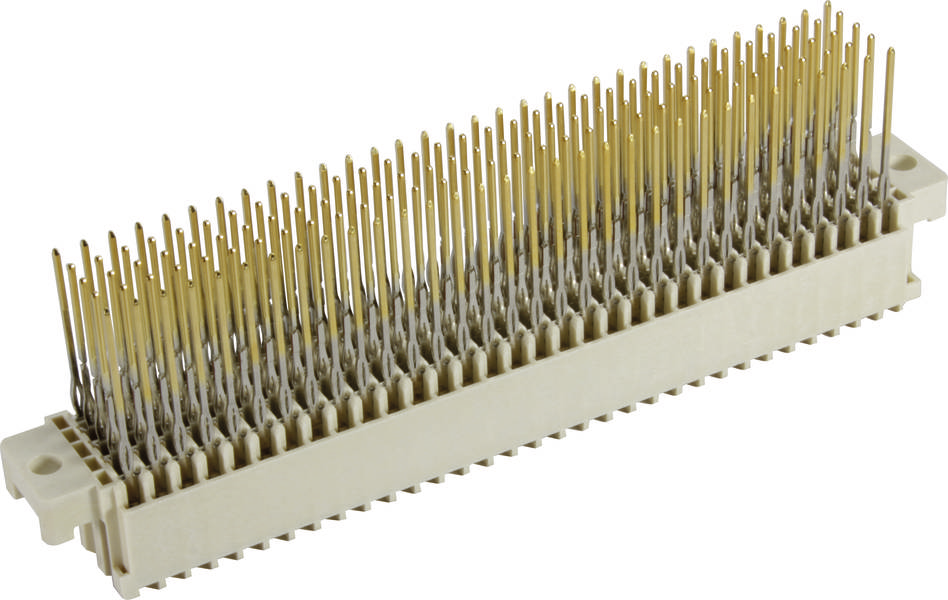 Steckverbinder mit vielen goldfarbenen Kontakten in einer Reihe, verwendet für elektronische Verbindungen.