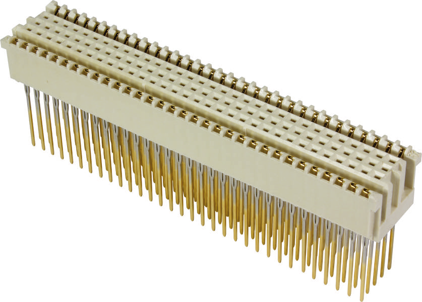 Ein rechteckiger elektrischer Steckverbinder mit mehreren goldfarbenen und silberfarbenen Stiften, geeignet für elektronische Geräte.
