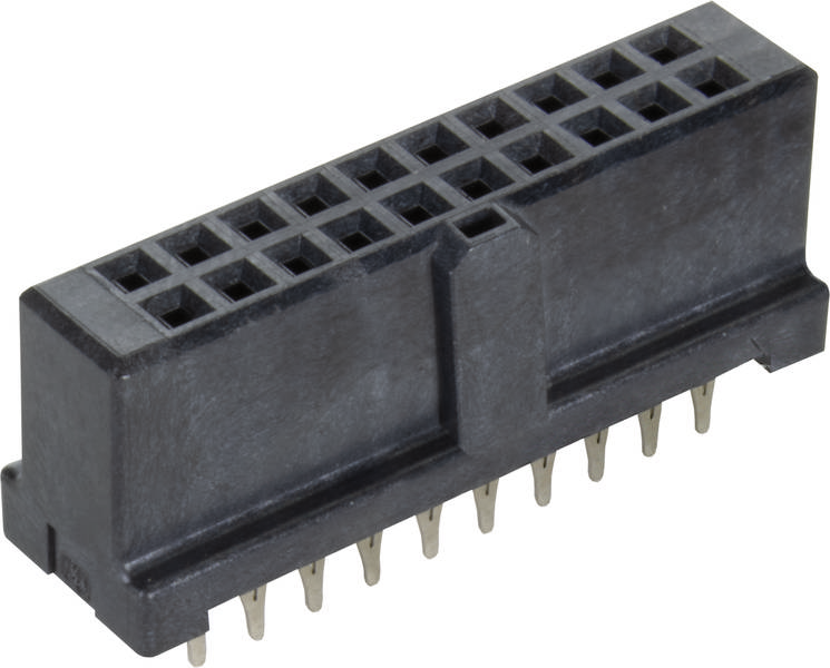 Ein schwarzer, rechteckiger Steckverbinder mit mehreren Steckplätzen für elektronische Pins, vor weißem Hintergrund.