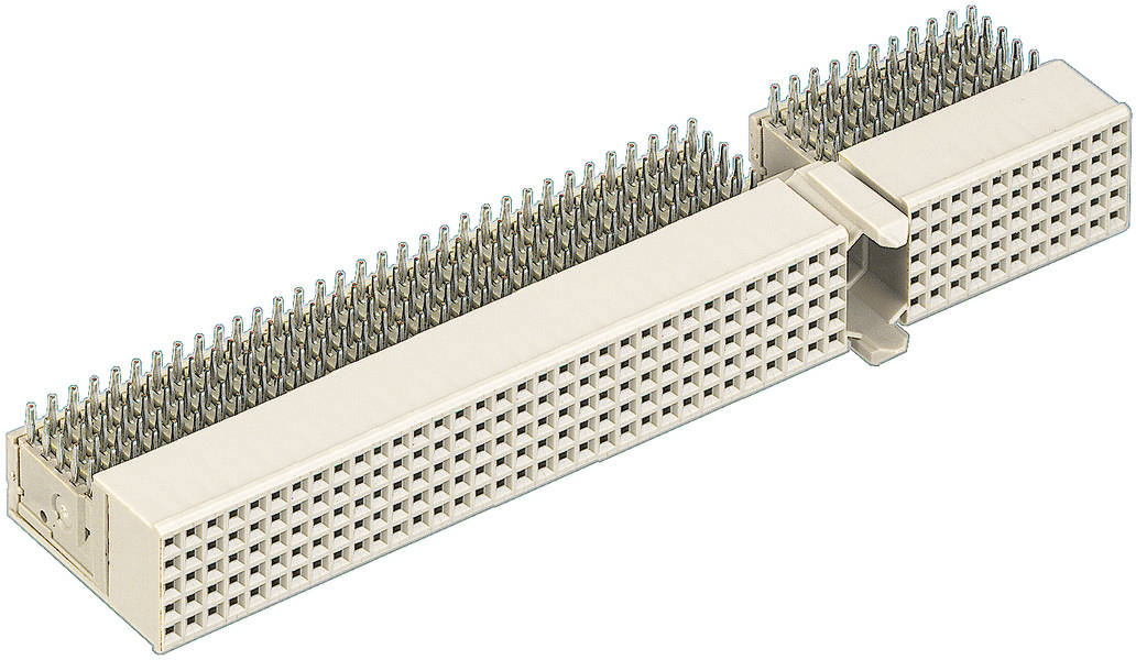 Ein rechteckiger Steckverbinder mit zahlreichen metallischen Pins zur elektronischen Verbindung.