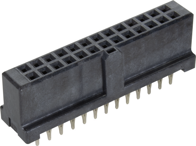 Ein schwarzer, rechteckiger elektrischer Steckverbinder mit zwei Reihen von Metallpins.