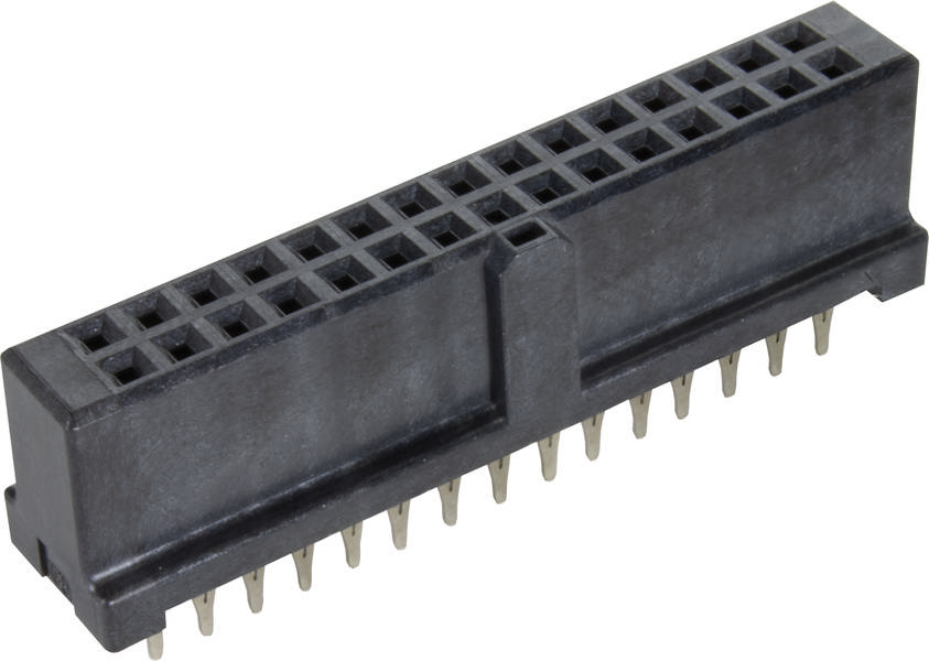 Ein schwarzer, rechteckiger Stecker mit mehreren Pins, geeignet für elektronische Verbindungen.