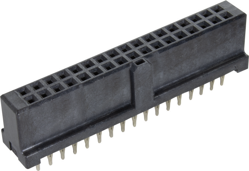 Ein schwarzer zweireihiger Buchsenstecker mit Metallstiften, verwendet für elektronische Verbindungen auf Leiterplatten.