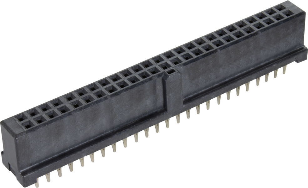 Schwarzer Kunststoff-Stecker mit mehreren Steckplätzen und Metallstiften, geeignet für elektronische oder Computer-Anwendungen.