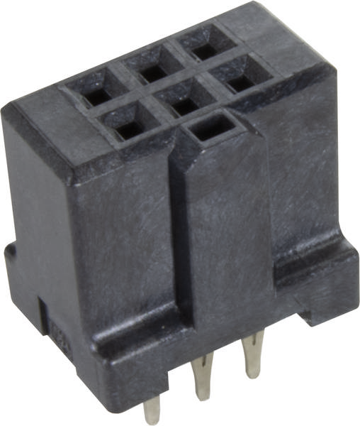 Ein schwarzer, quadratischer Steckverbinder mit sechs Löchern oben und mehreren Metallstiften unten zur elektrischen Verbindung.