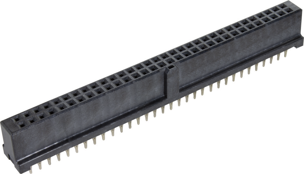 Ein schwarzer, rechteckiger elektronischer Steckverbinder mit vielen kleinen Metallstiften, die in zwei Reihen angeordnet sind.