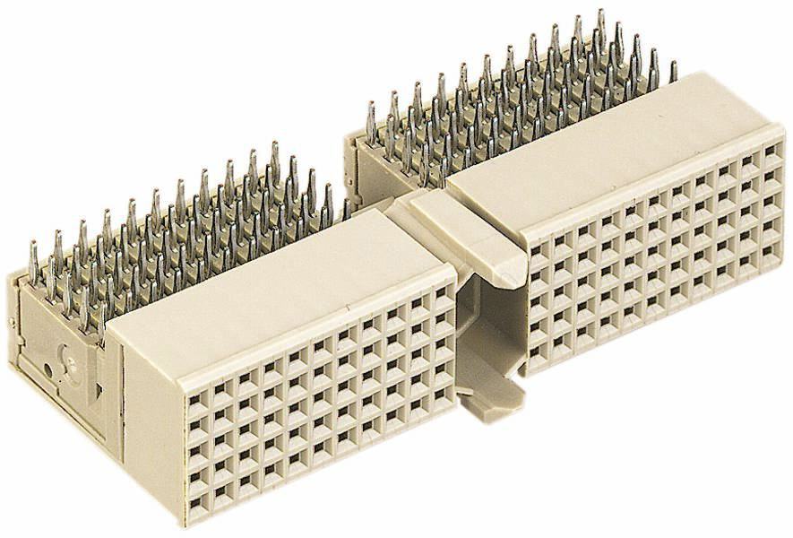 Ein rechteckiger elektronischer Steckverbinder mit vielen Metallstiften, verwendet zum Verbinden elektronischer Geräte oder Leiterplatten.