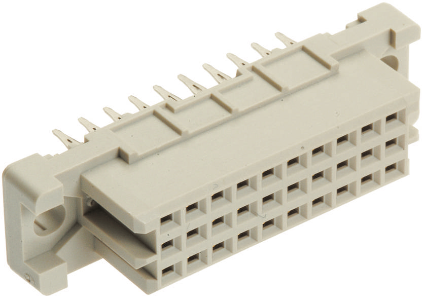 Ein rechteckiger, beige Steckverbinder mit vielen Steckplätzen, für elektronische Geräte geeignet.