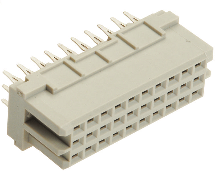 Ein rechteckiger, grau-beiger Steckverbinder mit mehreren Metallpins, die in Reihen angeordnet sind. Geeignet für elektronische Verbindungen.