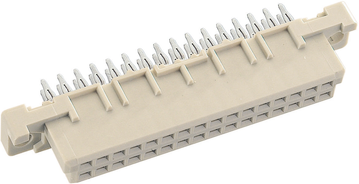 Ein 44-poliger IDC-Anschluss, typischerweise für Flachbandkabel verwendet, mit länglichen Metallkontakten in einem rechteckigen Gehäuse.