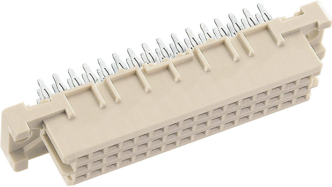 Ein heller, rechteckiger elektrischer Steckverbinder mit mehreren Stiftreihen für elektronische Geräte.