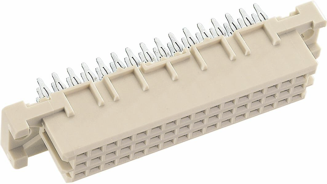 Ein rechteckiger, beiger Stecker mit Metallpins, geeignet für elektronische Verbindungen.