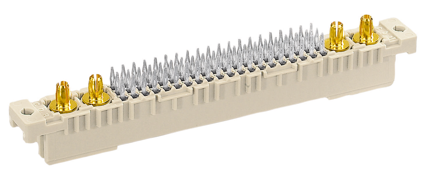 Ein elektrischer Steckverbinder in hellem Gehäuse mit Metallstiften und goldenen Kontakten, horizontal ausgerichtet.