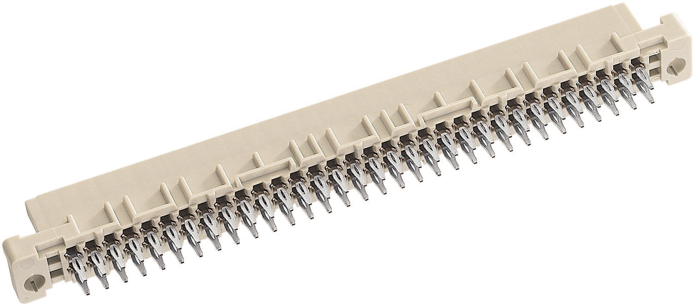 Ein länglicher, beige Steckverbinder mit mehreren Metallanschlüssen, zeigt elektronische Verbindungspunkte für eine Platine.