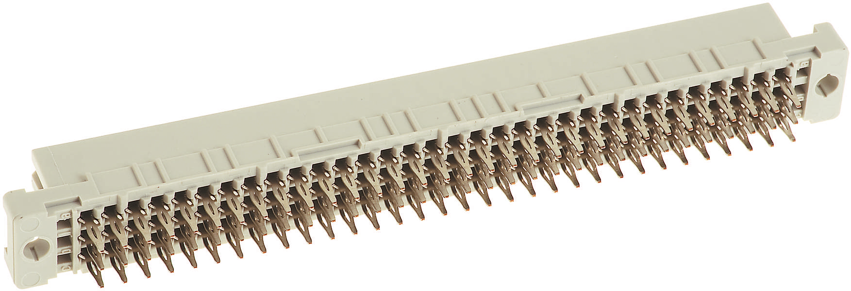 Eine beige Steckverbindung mit mehreren Metallpins, die in einer Reihe angeordnet sind, für elektronische Geräte.