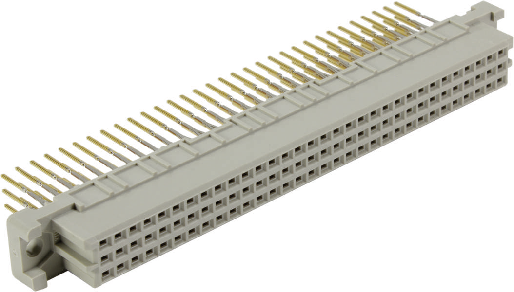 Ein rechtwinkliger Steckverbinder mit zahlreichen Metallstiften, vermutlich für elektronische Schaltungen oder Geräte.