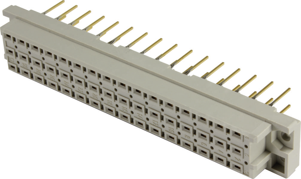 Ein grauer Steckverbinder mit mehreren goldfarbenen Pins, geeignet für elektronische Verbindungen; zeigt Detailansicht der Anschlüsse.