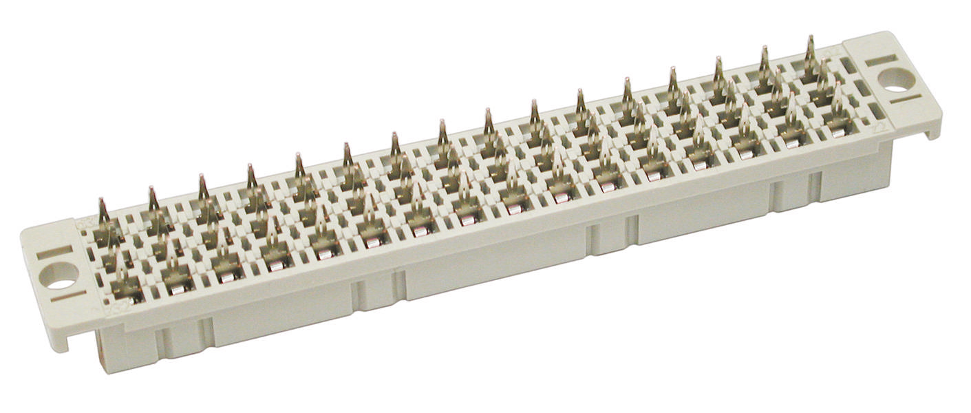 Ein elektronischer Steckverbinder mit mehreren Metallstiften in Reihen angeordnet, geeignet für technische Anwendungen.