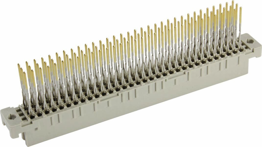 Ein rechteckiger elektrischer Steckverbinder mit vielen herausragenden, goldfarbenen Pins auf einem grauen Sockel.