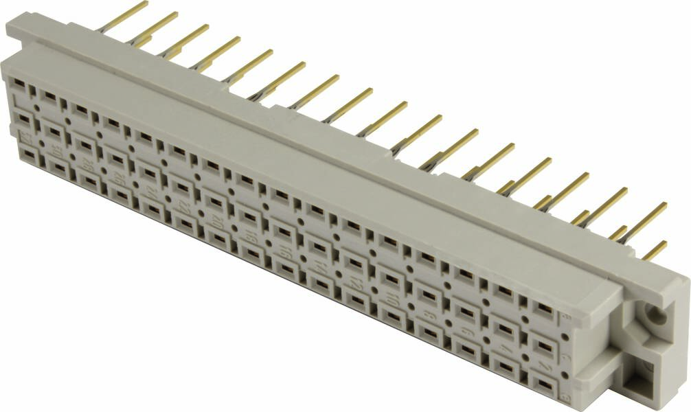 Eine graue elektronische Steckverbindung mit mehreren goldfarbenen Pins.
