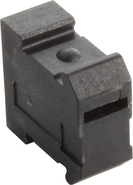 Schwarze Kunststoffkomponente in rechteckiger Form, möglicherweise ein Gehäuse- oder Montageteil, mit rechteckiger Öffnung vorne.