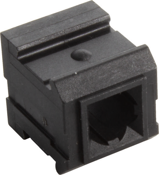 Schwarzer modularer Steckverbinder mit quadratischer Öffnung, geeignet für Netzwerk- oder Telefonkabel.