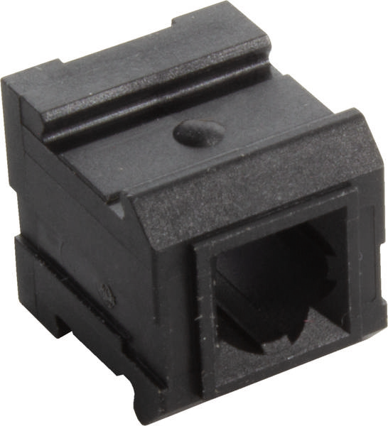 Schwarzer RJ45-Netzwerkanschlussbuchseneinsatz, quadratische Form, zur Montage in eine passende Platte oder Gehäuse.