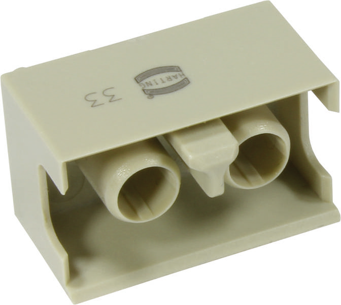 Zwei-poliges, beiges Kunststoff-Steckverbindermodul, rechteckige Form, mit seitlicher Einrastvorrichtung, geeignet für elektronische Anwendungen.