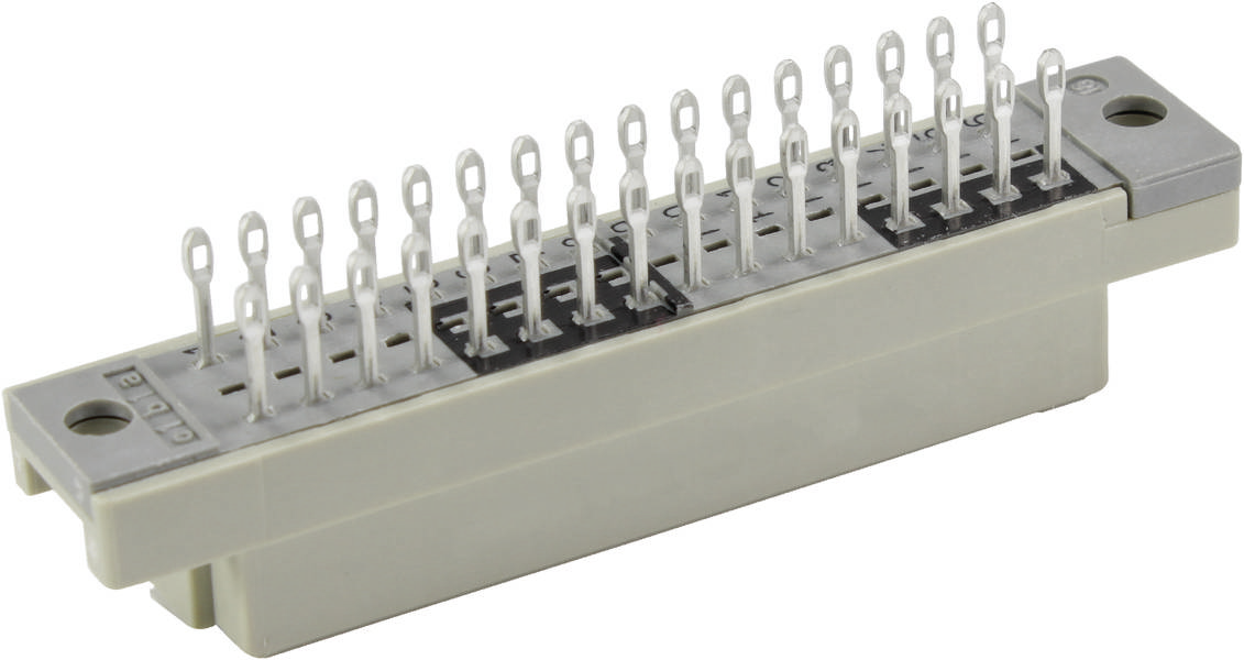 Ein rechteckiger, grauer elektrischer Steckverbinder mit zahlreichen Metallpins, die in zwei Reihen angeordnet sind.