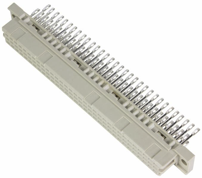 Ein grauer 64-poliger Stecker für Leiterplatten mit hervorstehenden Metallpins, geeignet für industrielle Anwendungen.
