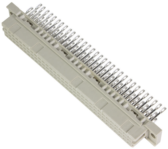 Ein grauer elektrischer Steckverbinder mit mehreren Metallpins, ausgerichtet in zwei Reihen, perspektivisch schräg von der Seite fotografiert.