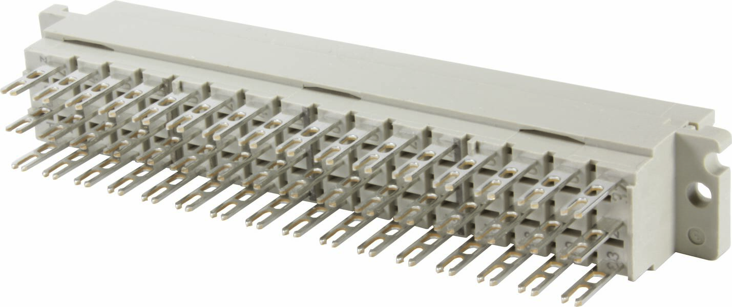 Eine graue elektrische Steckverbindung mit mehreren Metallstiften, geeignet für Steckplätze in elektronischen Geräten.