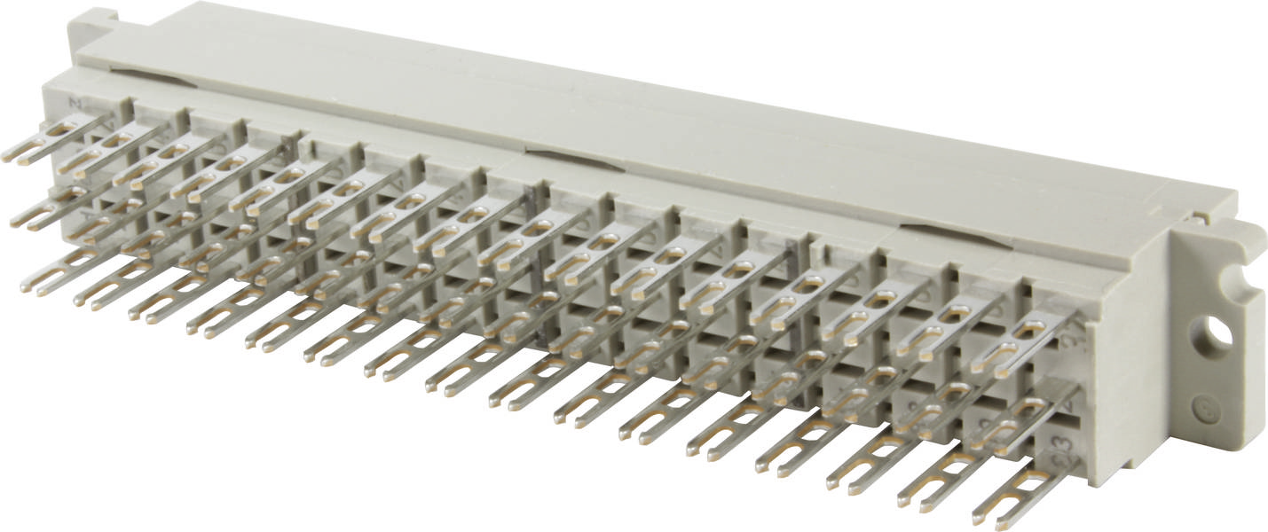 Ein grauer elektrischer Stecker mit vielen Metallpins, geeignet für die industrielle oder technische Verkabelung.