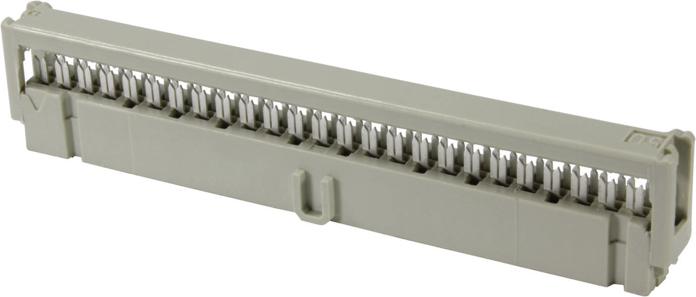 Ein grauer, rechteckiger Plastikverbinder mit mehreren metallischen Kontakten, der für elektronische Verbindungen genutzt wird.