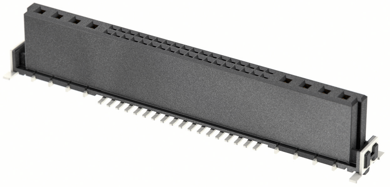 Ein schwarzer, rechteckiger Steckverbinder mit mehreren Metallkontakten auf einer Seite, vermutlich für elektronische Geräte.