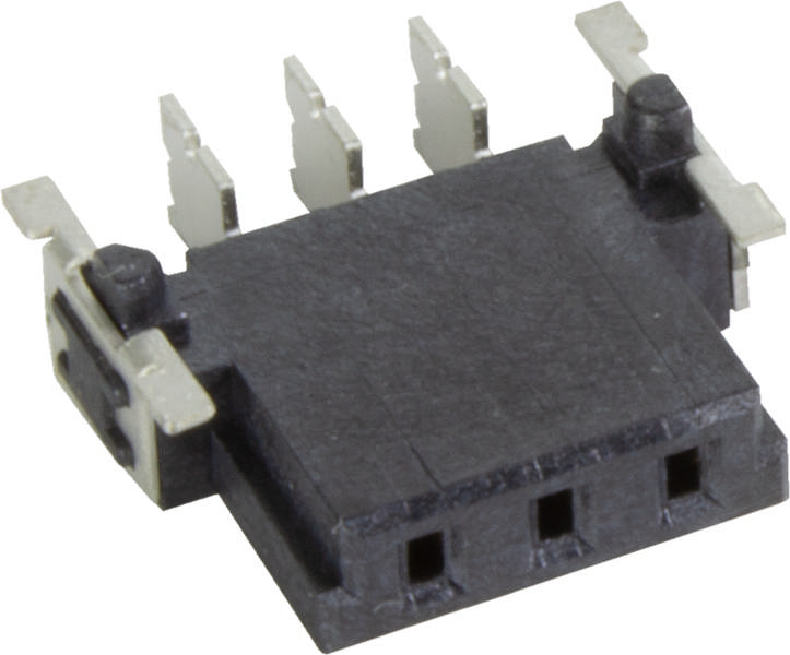 Elektronisches Bauteil mit schwarzem Gehäuse und vier Metallanschlüssen, möglicherweise Stecker oder Buchse, für Schaltkreise geeignet.